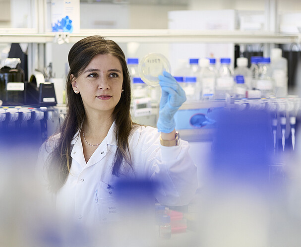 IMP Labs A woman in a lab coat surrounded by research equipment looking at a petri dish